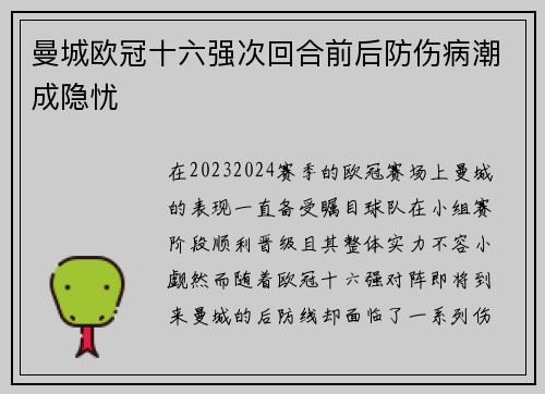 曼城欧冠十六强次回合前后防伤病潮成隐忧