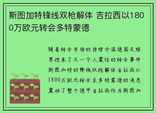 斯图加特锋线双枪解体 吉拉西以1800万欧元转会多特蒙德