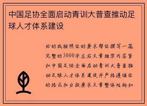 中国足协全面启动青训大普查推动足球人才体系建设 中国足协全面启动青训大普查推动足球人才体系建设