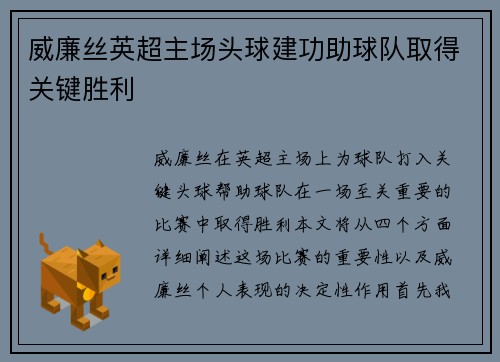 威廉丝英超主场头球建功助球队取得关键胜利 威廉丝英超主场头球建功助球队取得关键胜利